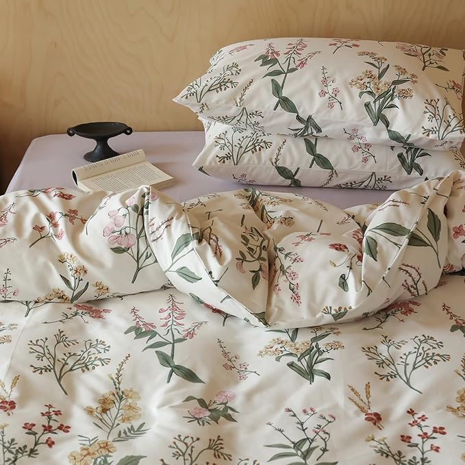 HighBuy Botanical Floral Comforter Set Queen - Pink Yellow Flower Cottagecore Coquette Bedding Comforter Set 3 Piece for Women Girls Boho Chic Fluffy Comforter Queen Size Aesthetic Bedding