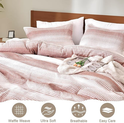 PHF Ultra Soft Yarn Dyed Waffle Weave Comforter Set King Size, 3 Pieces Lightweight Breathable Comfy Bedding Set, Comfy Textured 1 Comforter with 2 Pillow Shams, White and Brick