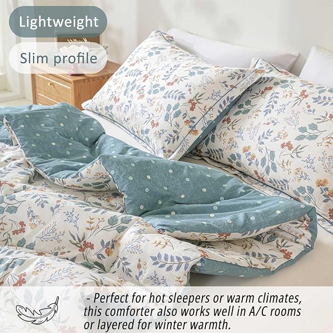Botanical Cotton Comforter King Size - Lake Green Comforter with Dusky Blue & Warm Rust Leaves on Ivory,Reversible Lightweight Bedding Sets 3Pcs(Polka Dot)