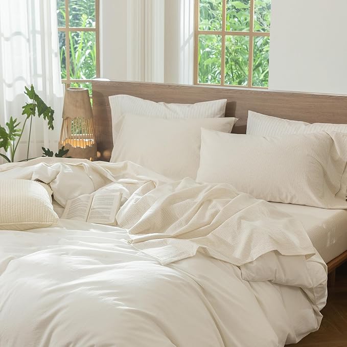MooMee Striped Sheet Set 100% Washed Cotton Linen Like Textured Breathable Durable Soft Comfy (Almond Milk Grey Pinstripes, Queen)