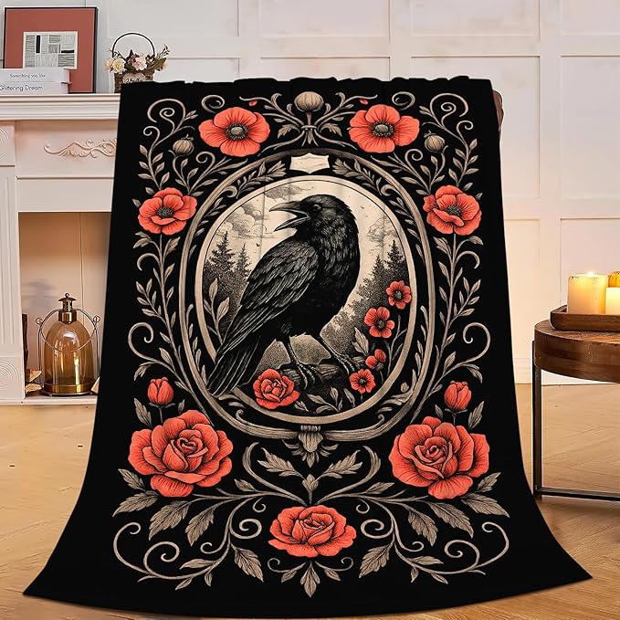 Gothic Crow Blanket Super Soft Warm Fluffy Fleece Flannel Raven Animal Throw Blanket Cozy Fuzzy Plush Stuff Bedding Blankets Gifts for Women Kids Boys Girls Adults 80"X60"