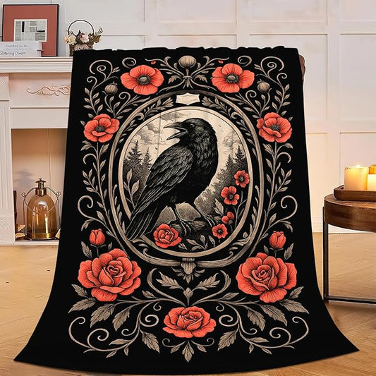 Gothic Crow Blanket Super Soft Warm Fluffy Fleece Flannel Raven Animal Throw Blanket Cozy Fuzzy Plush Stuff Bedding Blankets Gifts for Women Kids Boys Girls Adults 80"X60"
