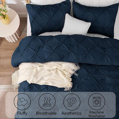 BEDELITE Navy King Size Comforter Set - 3 Pieces Boho Pintuck Bedding Comforter Sets, Lightweight Soft & Warm King Bedding Set with 2 Pillowcases for All Season