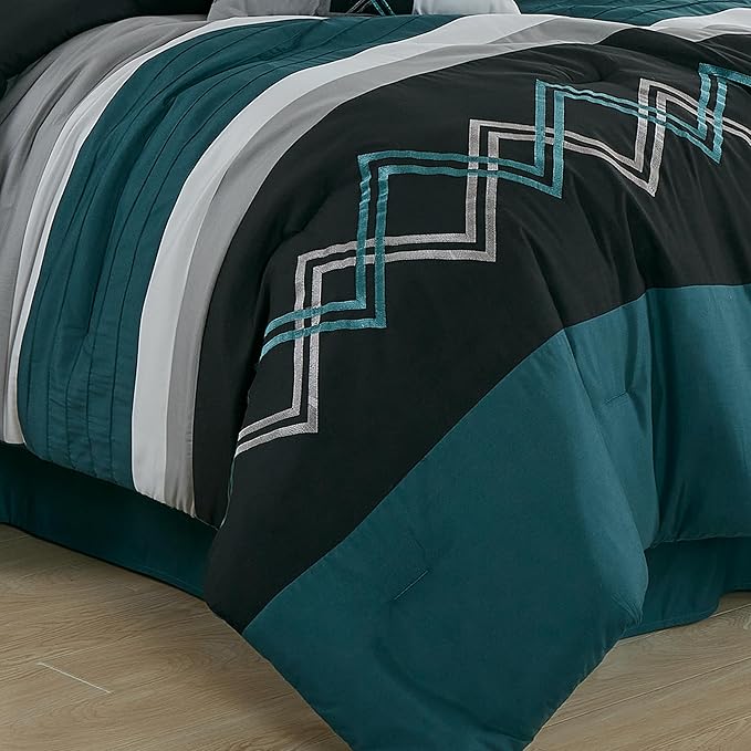 Chezmoi Collection Arden 7-Piece Modern Pleated Stripe Embroidered Zigzag Bedding Comforter Set (Full, Teal/Black/Gray)