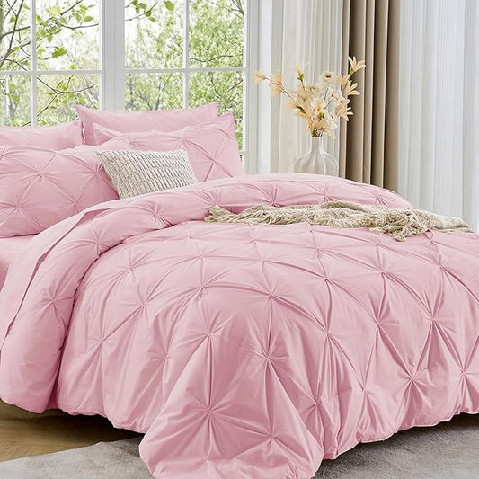 Sasttie King Size Comforter Set, 7-Piece Bed in a Bag, Pintuck Bedding Sets for All Season, Includes Comforter, Flat Sheet, Fitted Sheet, Pillowcases and Pillowshams, Baby Pink