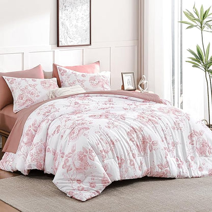 Luxudecor Floral King Comforter Set 7 Pieces Bed in a Bag, Pink Rose Romantic Flower Bed Set, Soft Reversible Comforter with Sheet Set 104"x90"