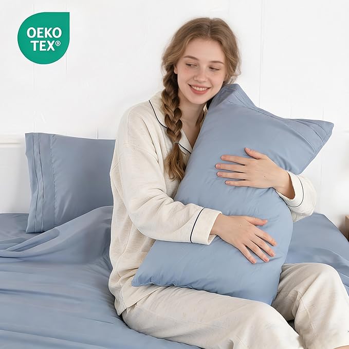 Blue Grey King Size Sheet Set, Pre-washed Microfiber Cotton-Like 4 Pcs Ultra Soft Bedding Set King, Breathable Cooling Skin-Friendly All Seasons, 1 Fitted, 1 Flat, 2 Pillowcases (Blue Grey, King)