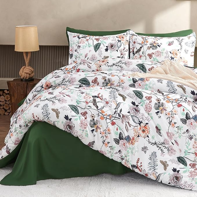 7 Piece King Comforter Set, Green Butterfly Floral Comforter Set with Flowers Leaves Pattern, Soft Microfiber Complete Bedding Set for All Season(Dark Green, King)