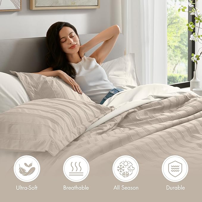 Madison Park Essentials Striped Comforter Set Full, 7 Pieces Modern Minimalist Jacquard Bedding Set for All Season, Bed in A Bag with Sheet Set and Soft Brushed Reverse, Lightweight Neutral