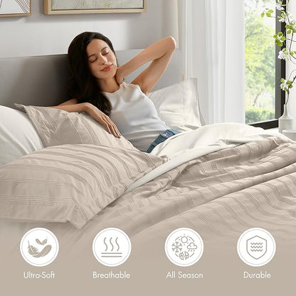 Madison Park Essentials Striped Comforter Set Twin XL, 5 Pieces Modern Minimalist Jacquard Bedding Set for All Season, Bed in A Bag with Sheet Set and Soft Brushed Reverse, Lightweight Neutral