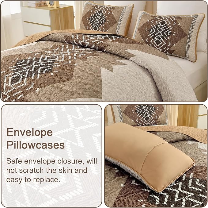 Dintszyayue Bohemian Quilt Set King Size,3 Pieces Aztec Texture Bedding Coverlet Set Brown Boho Bedspread Coverlet Set Geometric Pattern Lightweight Quilt Bedding Set for All Season (Brown,90"x103")