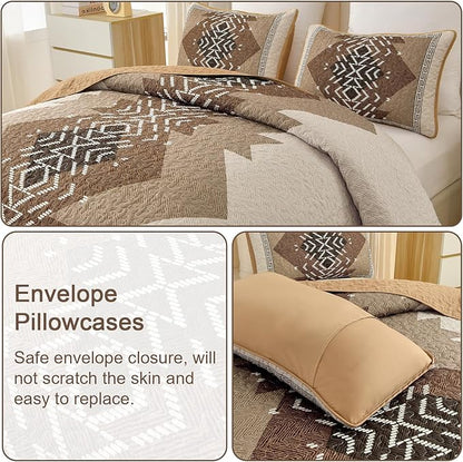 Dintszyayue Boho Queen Size Quilt Set,3 Pieces Aztec Texture Bedding Coverlet Set Brown Bedspread Coverlet Set Soft Microfiber Bed Cover Bohemian Lightweight Bedding Set for All Season(Brown,90"x96")