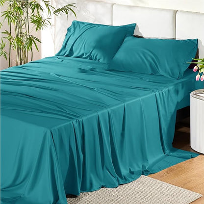 Bedsure Queen Sheet Set, Rayon Derived from Bamboo, Cooling Sheets, PureWoven, Breathable & Soft, Deep Pocket Up to 16 Inches, Hotel Luxury Silky Bedding for Hot Sleepers, Turquoise