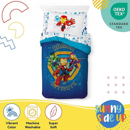 Sunny Side Up Kids Comforter Set Includes Sheets and Pillow Covers - Soft and Cozy Bed Set for Stylish Room Decor, Blue - Iron Man and His Awesome Friends, 5 Piece Twin Size Bedding