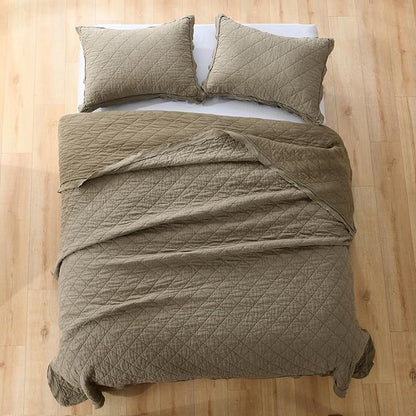 HORIMOTE HOME 100% Linen Front/100% Cotton Back Quilt Set King Size, Olive Green Pre-Washed European Flax Linen Quilt, Diamond Stitch Bedspread Coverlet Bedding Set 3-Piece for All Seasons