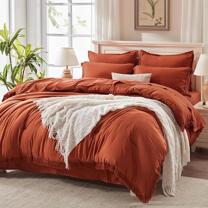 Andency Oversized King Comforter Set with Sheets 128x120 Terracotta - 7 Pieces Bed in a Bag Boho Soft Lightweight Bedding Sets, Tassel Bed Set with Comforter, Sheets, Pillowcases & Shams