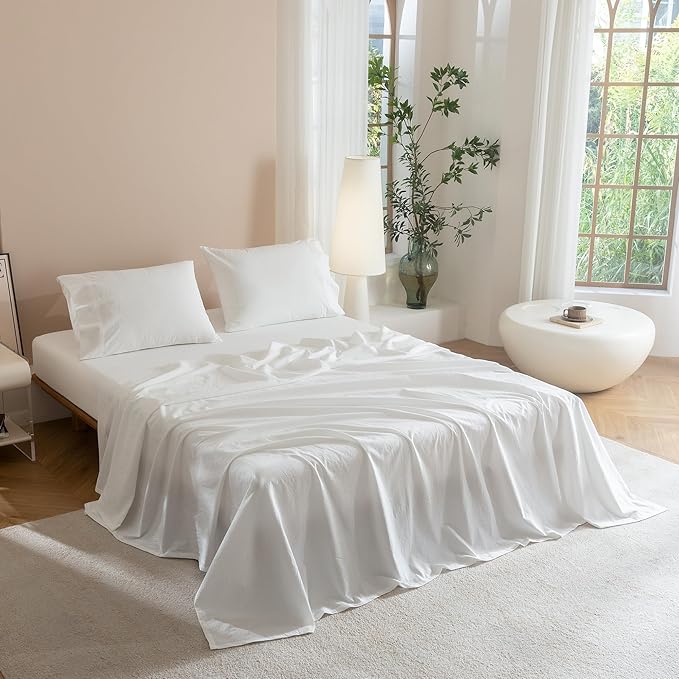 JIYUAN King Size Sheet Set, 4-Piece - 100% Washed Cotton, Linen-Like Soft & Breathable, Includes Deep Pocket Fitted & Flat Sheet with 2 Pillowcases, Hotel Quality, Solid Bright White