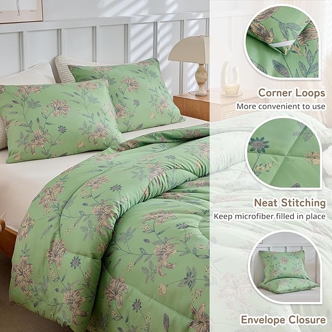 VM VOUGEMARKET Girls Green Floral Full Comforter Set Boho Soft Microfiber Bedding Comforter Set 1 Green Flower Comforter and 2 Pillowcases Chic Vintage Garden Botanical Comforter Set 80"x90"