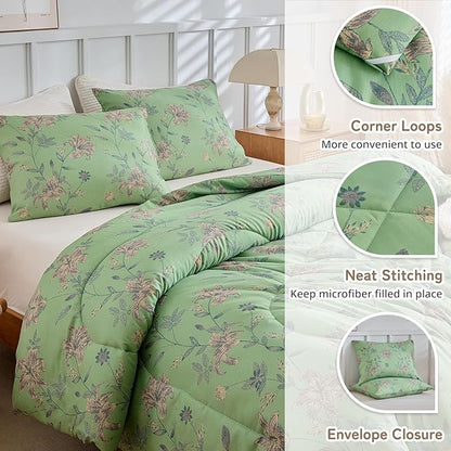 VM VOUGEMARKET Girls Green Floral Full Comforter Set Boho Soft Microfiber Bedding Comforter Set 1 Green Flower Comforter and 2 Pillowcases Chic Vintage Garden Botanical Comforter Set 80"x90"