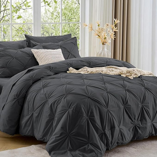 Sasttie Full Size Comforter Set, 7-Piece Bed in a Bag, Pintuck Bedding Sets for All Season, Includes Comforter, Flat Sheet, Fitted Sheet, Pillowcases and Pillowshams, Dark Grey