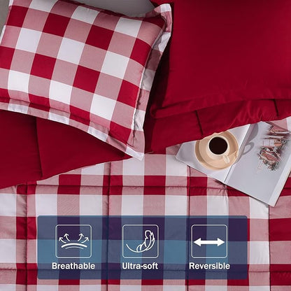 downluxe Lightweight Plaid Comforter Set (Queen) with 2 Pillow Shams - 3-Piece Set - Red/White Plaid - Down Alternative Reversible Comforter