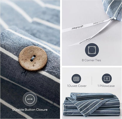 JELLYMONI Cotton Duvet Cover Twin XL Size - Blue Pinstriped Comforter Cover with Button 100% Washed Cotton 2PCS Breathable Soft Solid Bedding Set Duvet Cover 66×92in & 1 Pillowcase (NO Comforter)