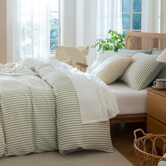 King Size Comforter Set Striped Soft Luxury Washed Microfiber Jacquard 3 Pieces Bedding, Grayish Green Vertical Ticking Stripes Pattern Comforter with 2 Pillowcases Breathable Durable Comfy