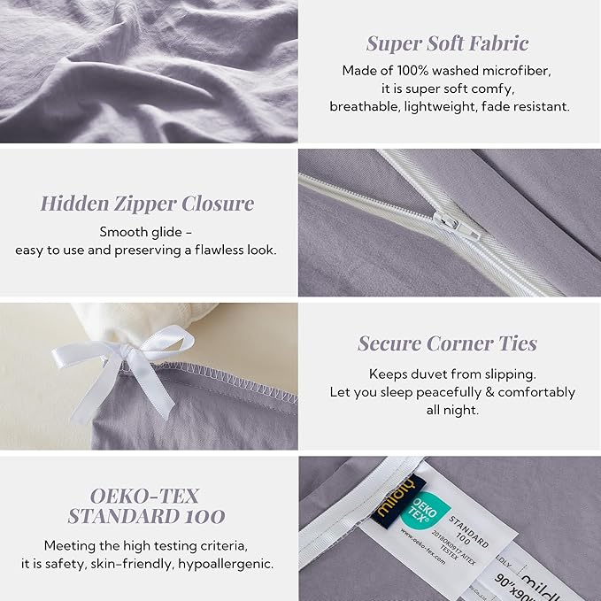 MILDLY Super Soft Duvet Cover - 100% Washed Microfiber Grayish Lavender Comforter Cover Set 3 Pieces with Zipper Closure & Corner Ties (No Comforter)