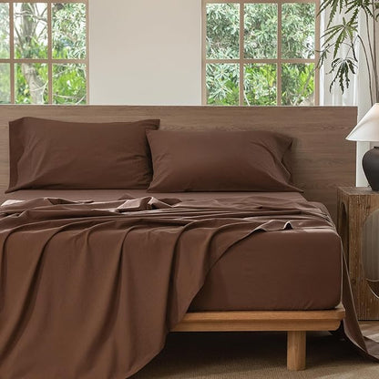 MooMee Bedding Sheet Set 100% Cotton Linen Like Textured Breathable Durable Soft Comfy (Solid Cocoa Brown, Queen)
