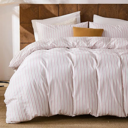 Merryword 100% Cotton Duvet Cover Set King Size - White & Pink Stripes Duvet Cover with Pillowcases, Soft Breathable Bedding Set Modern Minimalist Pinstripe Comforter Cover for All Seasons