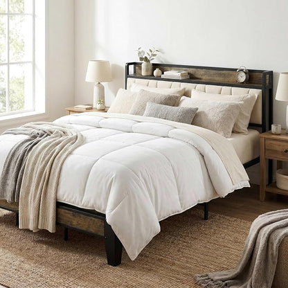 LIKIMIO California King Bed Frame, Storage Headboard with Charging Station, Solid and Stable, Noise Free, No Box Spring Needed, Easy Assembly (Walnut and Beige)