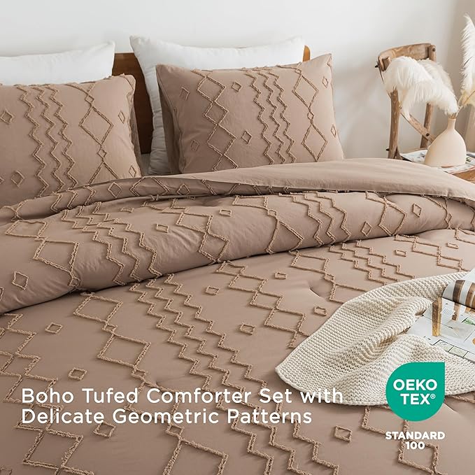 Andency Taupe Tufted Comforter Set Twin(66x90Inch), 2 Pieces(1 Boho Comforter, 1 Pillowcase) Textured Farmhouse, Soft Microfiber Down Alternative Geometric Bedding Set