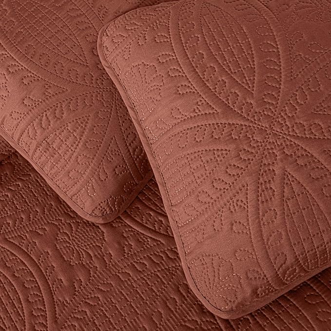 Chezmoi Collection Austin Queen Bedspread Set 3-Piece Pinsonic Quilted Oversized Bedspread Coverlet Set, Queen, Terracotta | Oversized, Lightweight, Fade Resistant