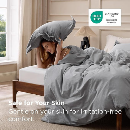 Bedsure 100% Washed Cotton Duvet Cover Queen Size - Grey Minimalist Bedding Set Linen Like - PureWoven Plain Simple & Soft Comforter Cover for All Seasons, 3 Pieces (Grey, Queen, 90"x90")