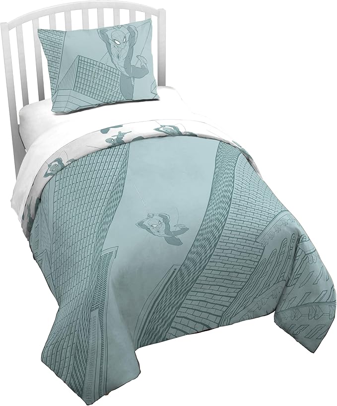 Jay Franco Kids Duvet Cover Set with Sham & Pillowcase – Ultra-Soft Bedding for Room Decor, Cover ONLY Comforter NOT Included, Green - Spiderman, 2 Piece Twin