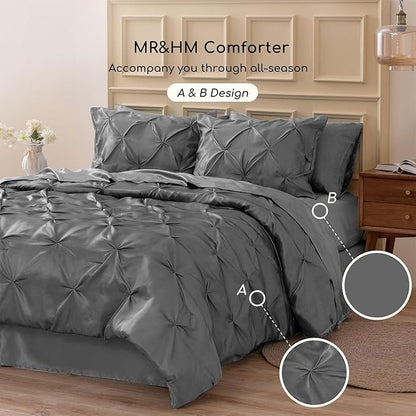 MR&HM Satin Comforter Set Oversized Queen, 7 Piece Bed in a Bag, Silky Soft All Season Bed Set, Luxury Pinch Pleat Bedding Set with Comforter, Sheets, Pillowcases & Shams, Dark Grey