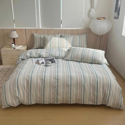 HighBuy Striped Comforter Set Twin XL - 100% Washed Cotton Grey Green Stripes Comforter with 2 Pillowcases,Pinstripe Stripes Printed Bedding Set Fluffy Soft,3 Pieces Comforter Sets All Season