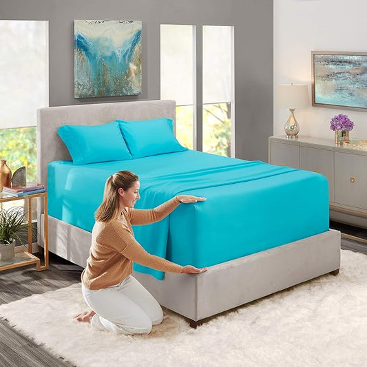 Nestl Queen Size Sheet Set, 4 Piece Extra Deep Pocket (18-24 inches), Microfiber, Hotel Luxury, Soft, Breathable, Wrinkle-Free, Easy to Care, Bright Blue