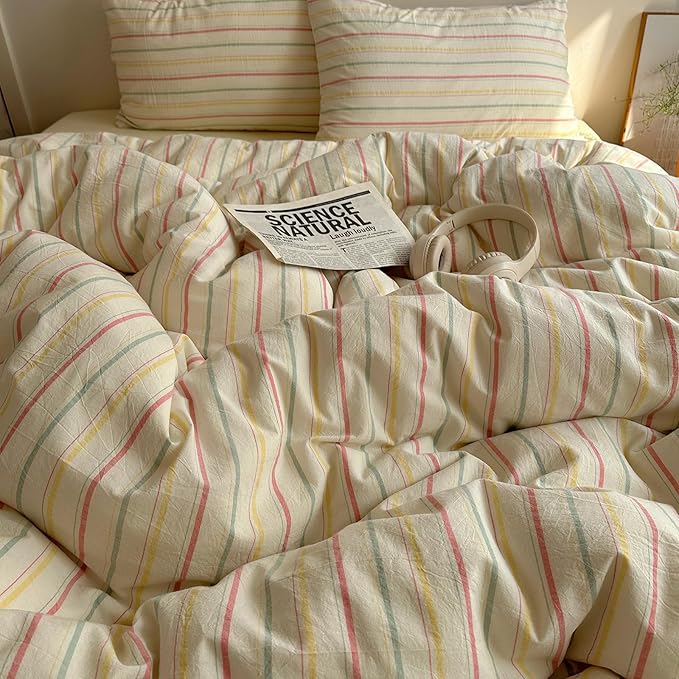 EAVD Vintage Colorful Striped Comforter Set Twin XL Soft Cotton 3-Piece Retro Vertical Striped Bedding Set with 2 Pillowcases Boho Geometric Comforter Set for All-Season(Pink&Yellow&Blue, Twin XL)