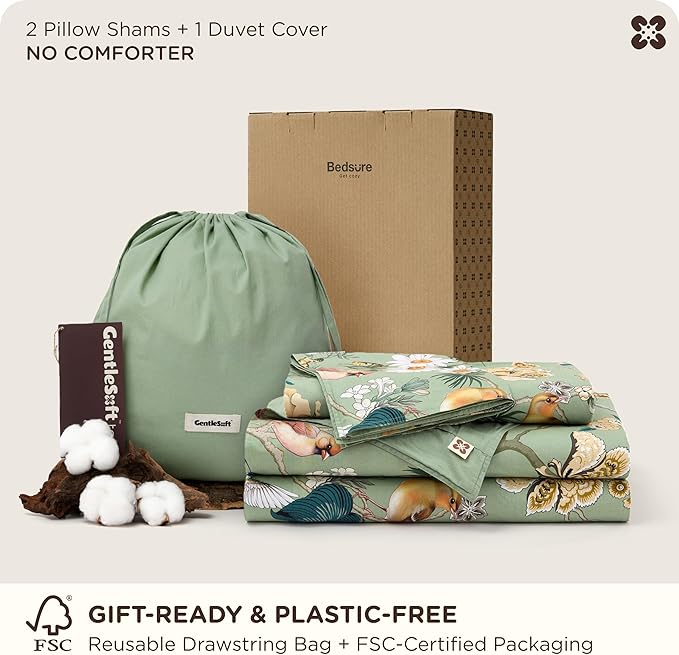 Bedsure Floral Duvet Cover King Size - 100% Cotton Reversible Flowers and Birds Pattern Duvet Cover Set, 3 Pieces Soft & Breathable PureWoven Bedding Set with 2 Pillow Shams (Green Garden, 104"x90")