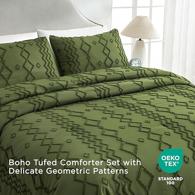 Andency Olive Green Tufted Comforter Set Full(79x90Inch), 3 Pieces(1 Boho Comforter, 2 Pillowcases) Textured Farmhouse, Soft Microfiber Down Alternative Geometric Bedding Set