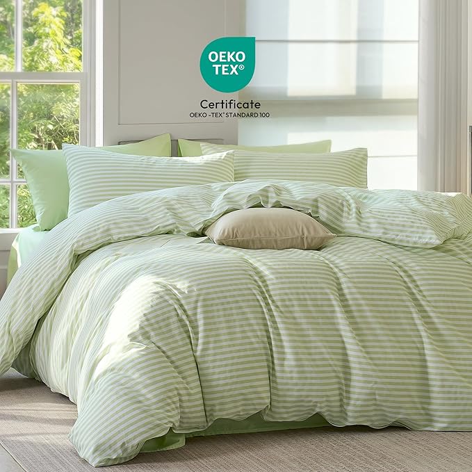 JELLYMONI Striped Duvet Cover Set - Twin Size Comforter Cover, Classic Sage Green & White Stripes, 100% Cotton 2 Pcs Bedding with Zipper Closure & 8 Corner Ties for Kids or Guest Bedroom