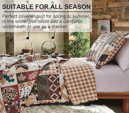 Rustic Lodge Quilt Set Full/Queen Size Country Cabin Bedspread Coverlet Queen Moose Bear Patchwork Reversible Quilts Bedding Soft Lightweight Coverlets Forest Bear Bed Cover Sets with 2 Pillow Sham