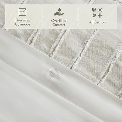 Madison Park Queen Comforter Set Clipped Jacquard Stripes with Buttons Boho Comforter for a Queen-Size Bed, Cotton Oversized Comforters with Removable Cover Boho Bedding, Queen Ivory 8 Piece