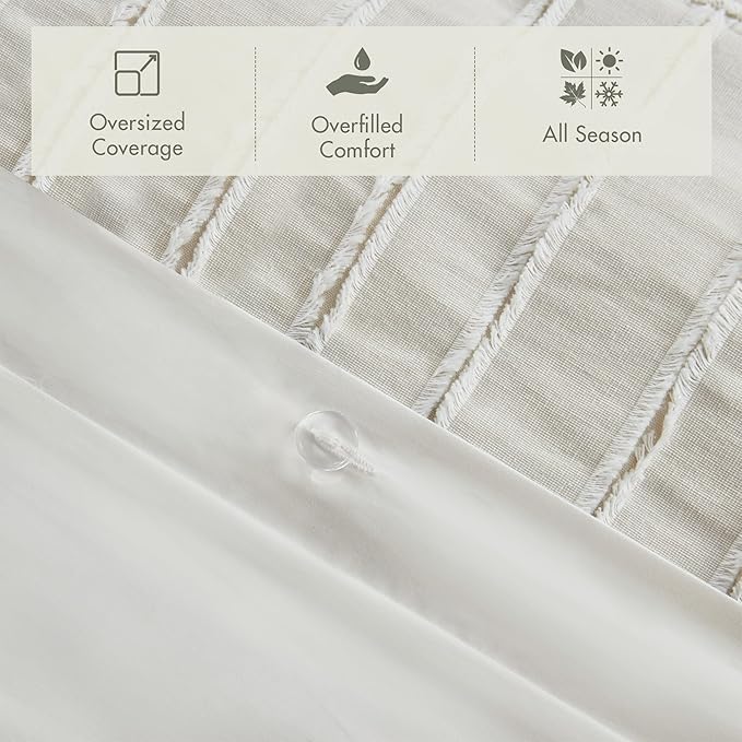 Madison Park King Comforter Set Clipped Jacquard Stripes with Buttons Boho Comforter for a King-Size Bed, Cotton Oversized Comforters with Removable Cover Boho Bedding, King Ivory 9 Piece
