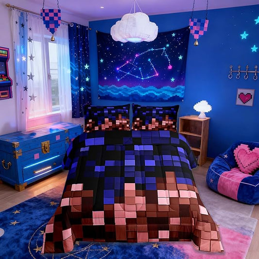 Pixelated Miners Game Comforter Set King Size,Geometric Check Video Games Kids Bedding Set,Gamepad Grid Gaming Quilt Comforter,Blue Red Duvet Insert,2 Pillowcases