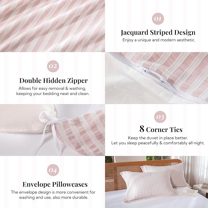 MILDLY Pink Striped Duvet Cover - 100% Washed Cotton Jacquard Boho Textured Comforter Cover 3pcs with Corner Ties Zipper Closure 104"x90"