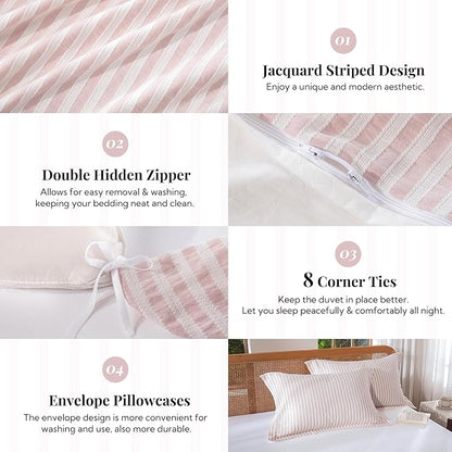 MILDLY Pink Striped Duvet Cover - 100% Washed Cotton Jacquard Textured Comforter Cover with Dual Zipper Closure & 8 Coner Ties