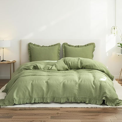 Simple&Opulence 100% Linen Duvet Cover Set, 3 PCS Natural French Flax Sage Green Ruffle Duvet Cover King Size, Breathable Comfy Linen Bedding Comforter Cover with 2 Pillowcases(Sage Green, 104" X 92")