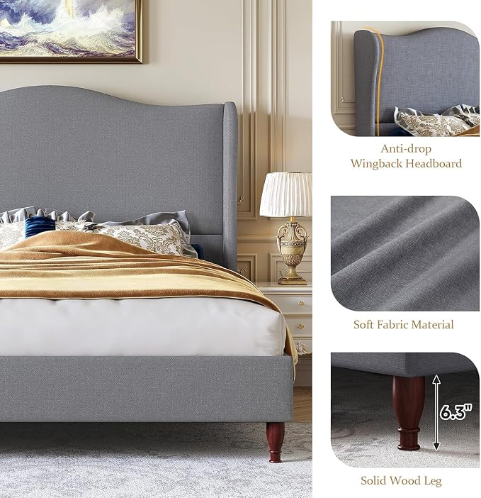 koorlian King Size Upholstered Bed Frame with 51'' Tall Headboard, Grey | Reinforced Platform Bed, Easy Assembly, Soft Fabric, Sleigh Wingback, Solid Wood Retro Legs, Noise-Free, Classic & Simple